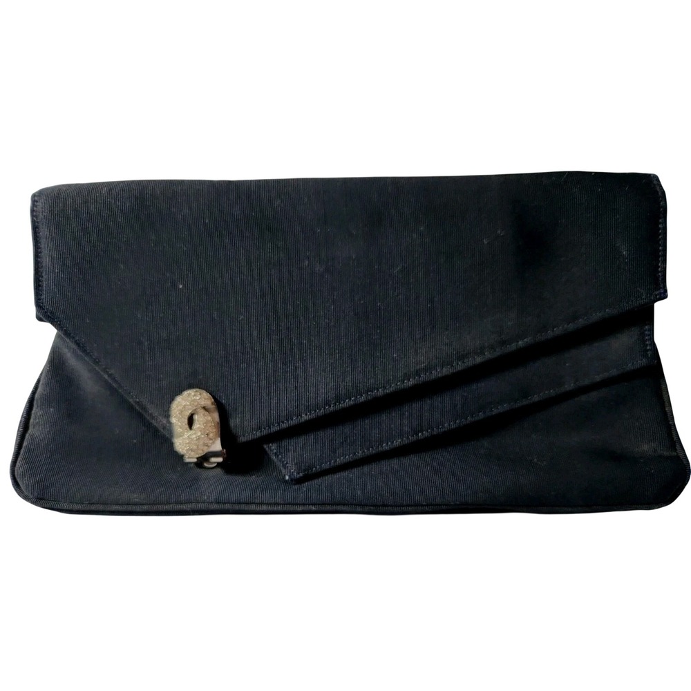 Vintage Garay Blue Ribbed Faille Clutch Bag Rhinestone Clip Asymmetrical Flap